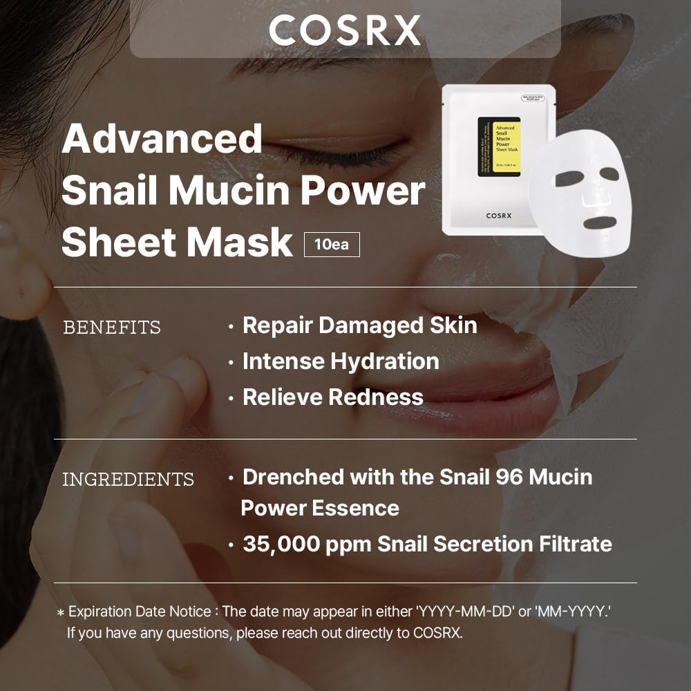 COSRX Máscara avanzada de caracol Mucin con hoja de alimentación de 10 hojas, 35.000 ppm de filtro de secreción de caracol | Cuidado de la piel coreana, hidratante, hidratante