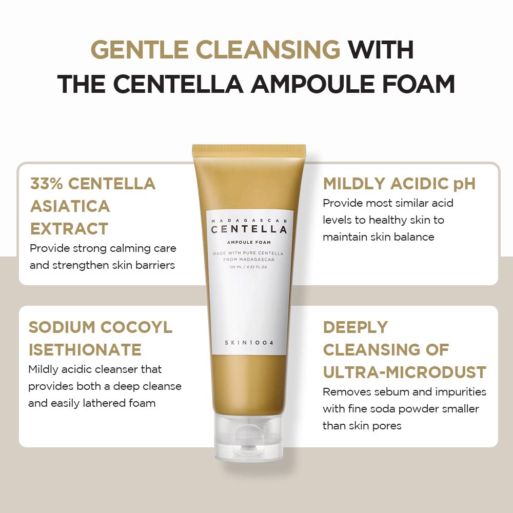 SKIN1004 Madagascar Centella Ampoule Foam - Jabón Coreano Calmante, de textura cremosa; contiene agentes hidratantes y naturales, como agua de coco y Centella Asiatica