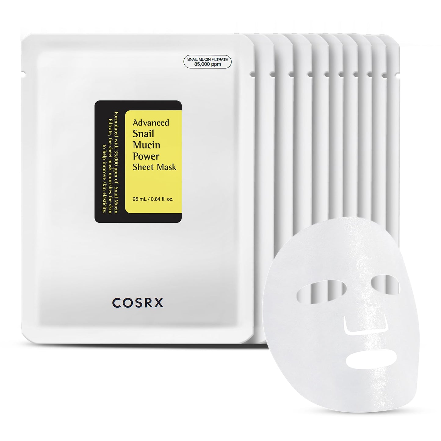 COSRX Máscara avanzada de caracol Mucin con hoja de alimentación de 10 hojas, 35.000 ppm de filtro de secreción de caracol | Cuidado de la piel coreana, hidratante, hidratante