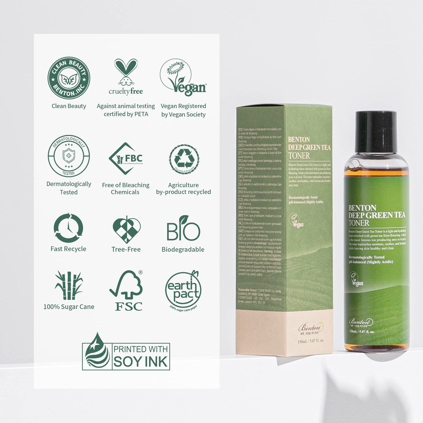 BENTON Deep Green Tea Toner 150ml (5.07 fl.oz.) - Nourishing & Hydrating Facial Toner for Oily and Sensitive Skin, Skin Soothing & Purifying
