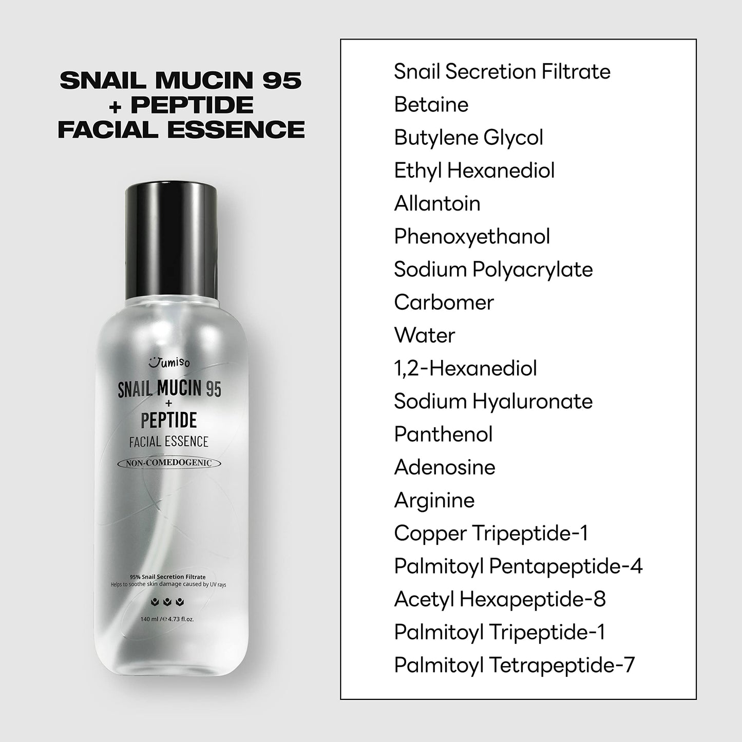 JUMISO Snail Mucin 95% + Peptide Essence 4.73 fl.oz / 140ml | Hydrating Serum with Snail, Face Moisturizer for Dry Skin, Daily Deep Hydration, Korean Skincare