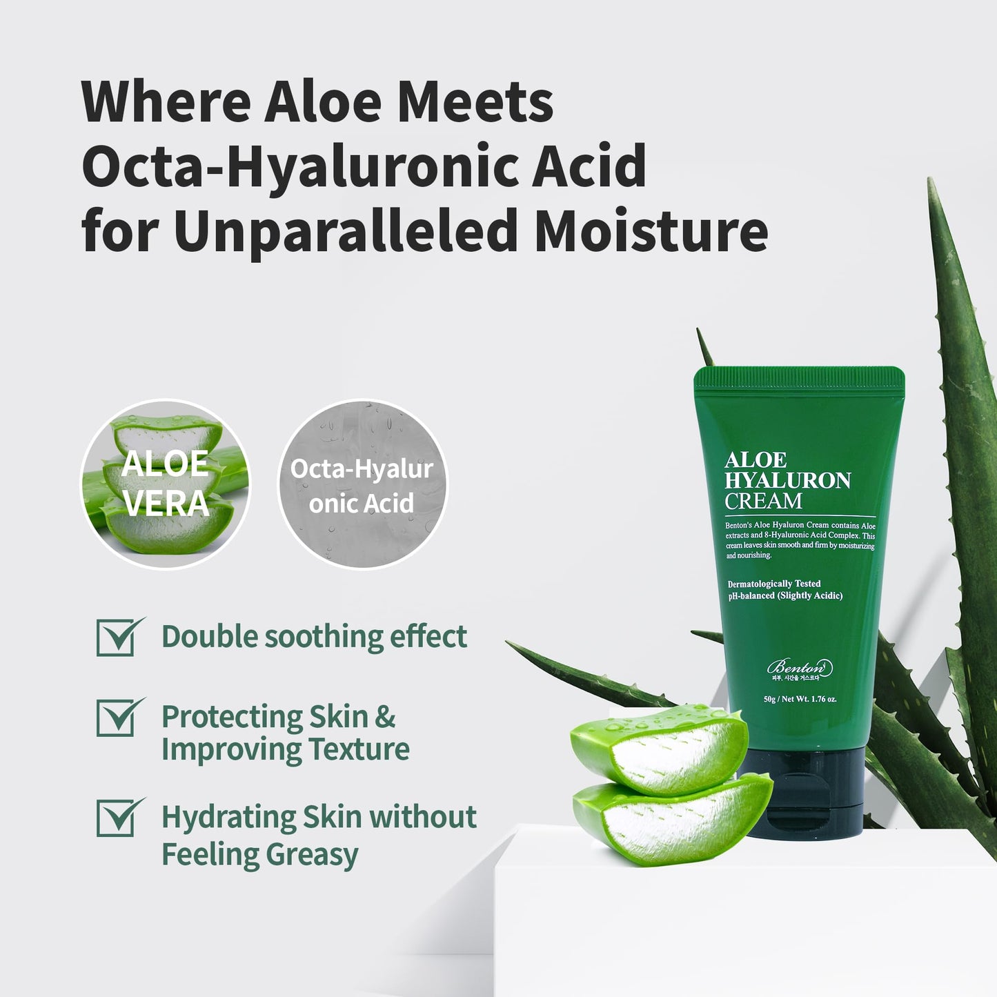 BENTON Crema de aloe de hialurón, 50 g, agua de hoja de aloe y ácido hialurónico, crema facial calmante e hidratante, para sequedad y picazón en la piel sensible